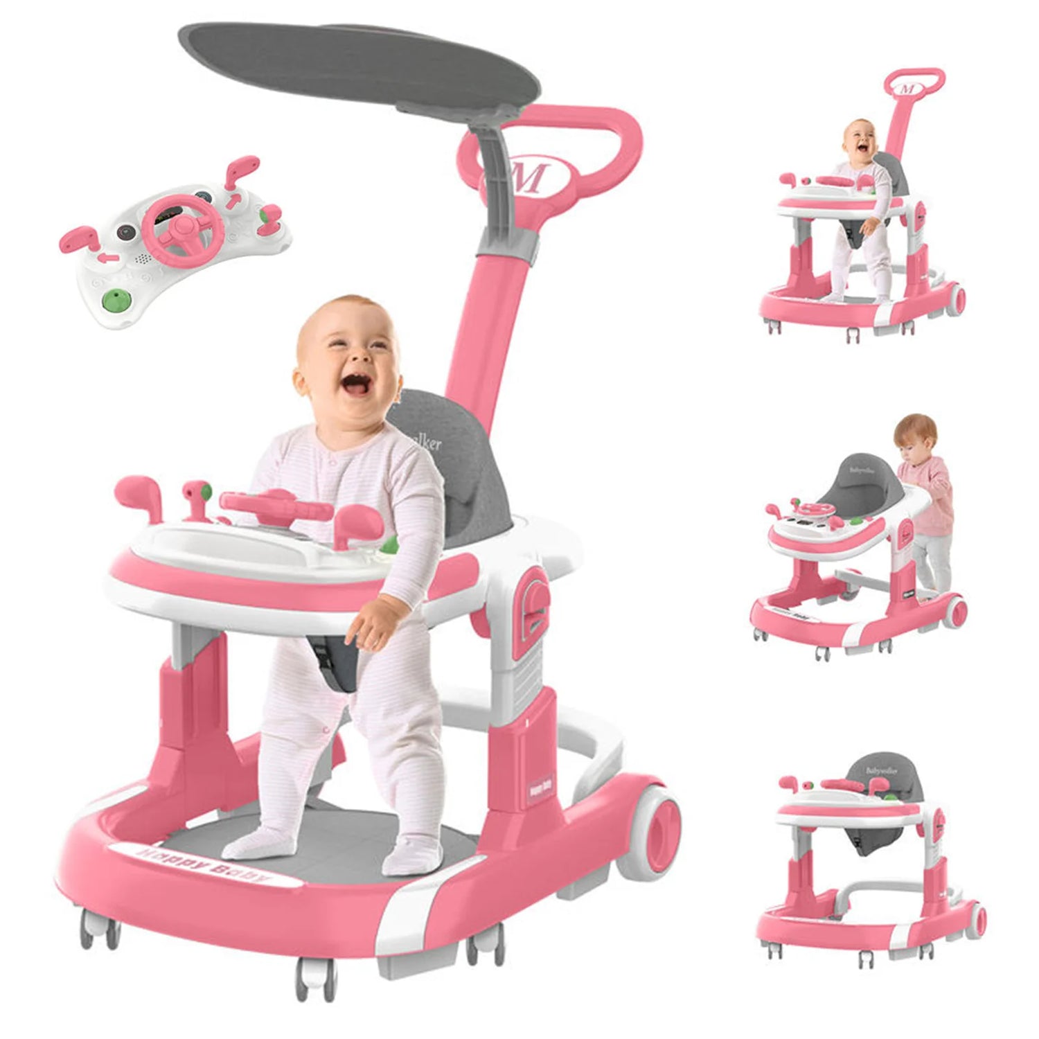 Baby Walker, Foldable Baby Walkers with Wheels, Infant Walker for Babies with Adjustable Height,Speed & Breathable Seat Cushion, Baby Walkers and Activity Center for Boys Girls(Pink)